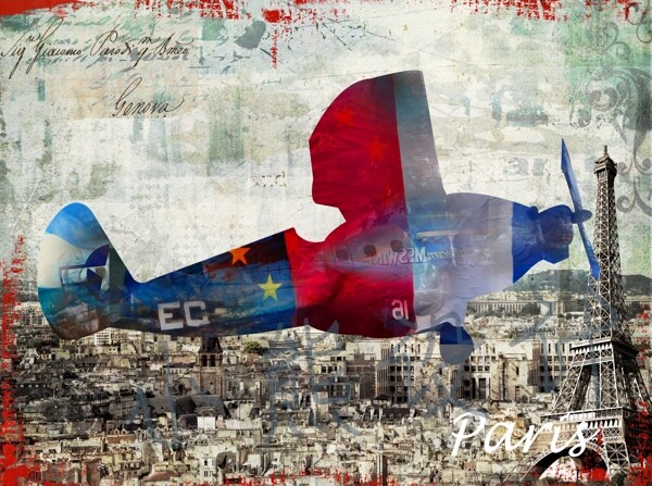 巴黎飞机复古油画