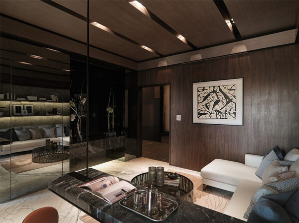 现代时尚客厅金褐色背景墙室内装修效果图
