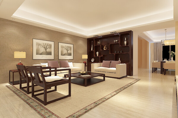 现代风中式客厅效果图空间明亮温馨