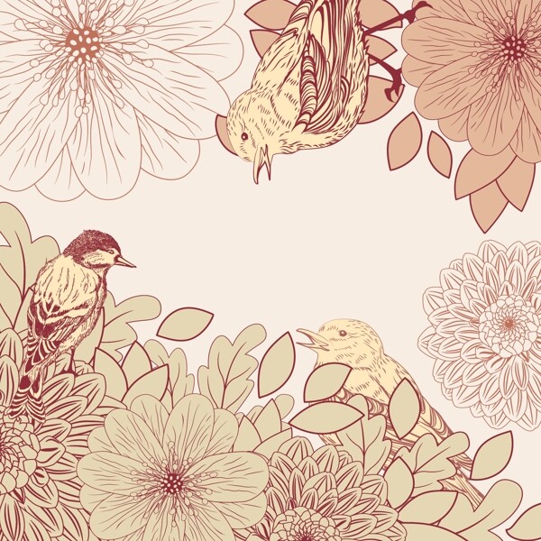 矢量花卉创意小鸟线稿图片设计