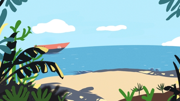 手绘清新夏日海滩自然风光背景设计