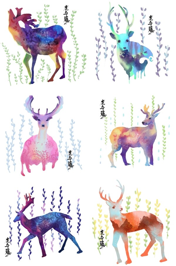手绘水彩插图鹿与藤