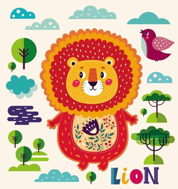 彩色可爱卡通的狮子插画