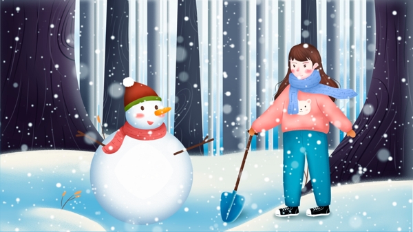 冬季小雪女孩铲雪堆雪人插画