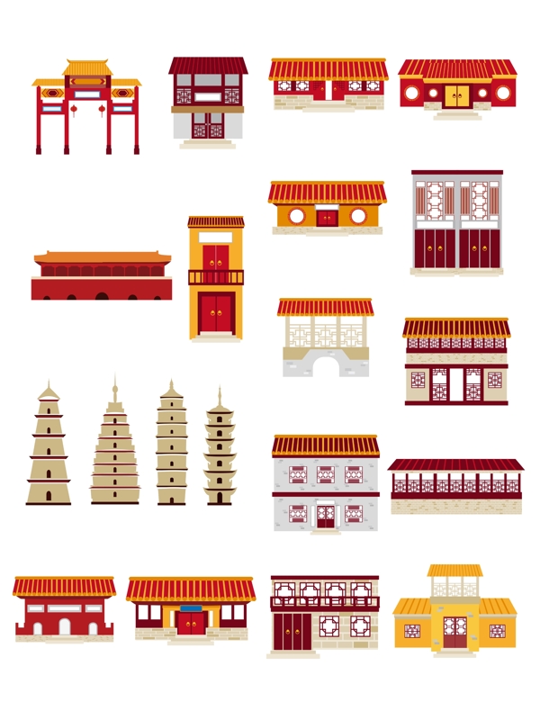 中国古代建筑矢量手绘元素背景套图