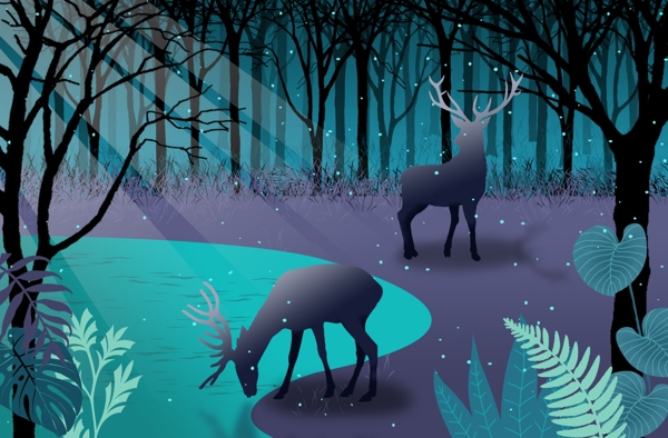 原创夜晚月光笼罩下的森林插画