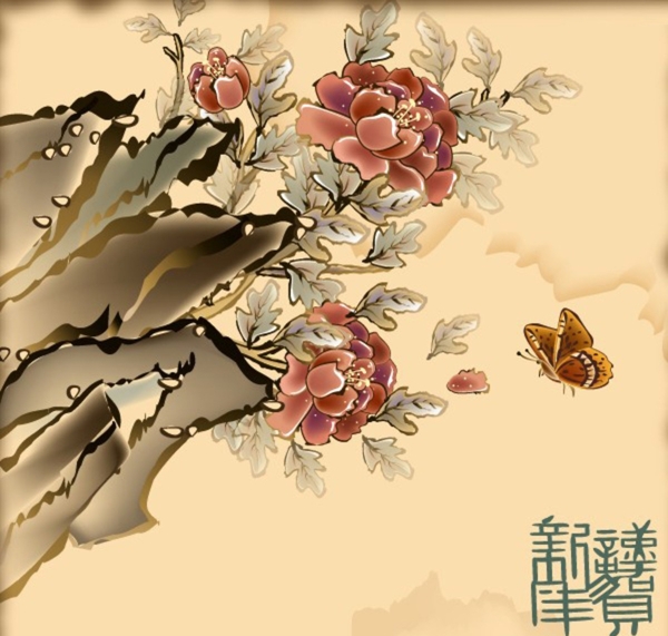 中国风蝶恋花吉祥年画矢量素材图片