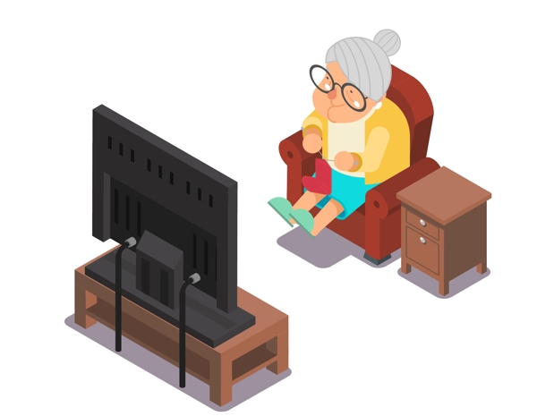 卡通老奶奶看电视元素