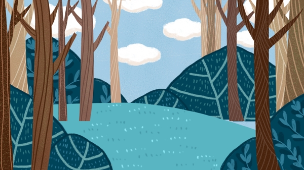 树林中的蓝色草地树叶树干卡通背景