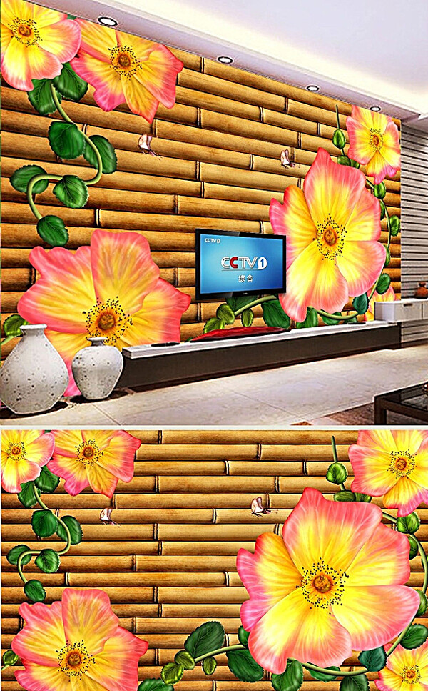 手绘花卉木材贴图背景墙图片
