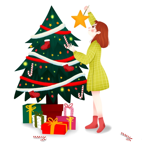 手绘装饰圣诞树的女孩