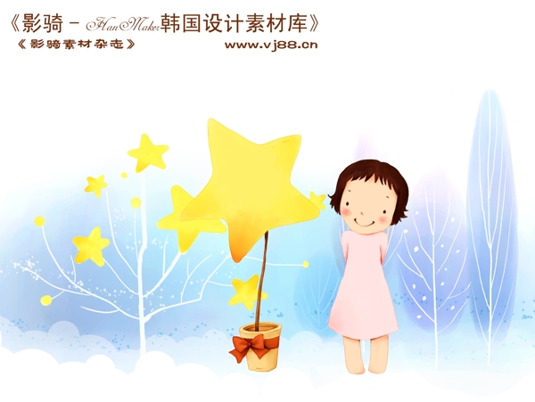 HanMaker韩国设计素材库背景卡通漫画可爱梦幻童年孩子女孩花盆星星
