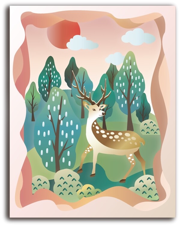 森林与鹿剪纸风温暖治愈插画装饰画动物立体