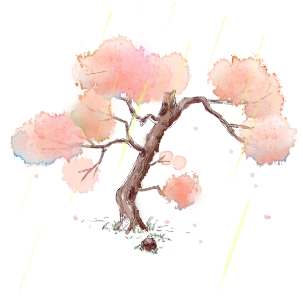 樱花树梦幻粉古树水彩流星雨免抠植物桃花树