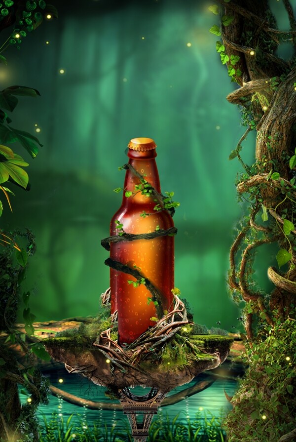 创意合成森林啤酒广告背景
