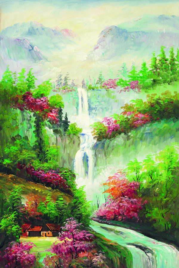 瀑布山水风景油画