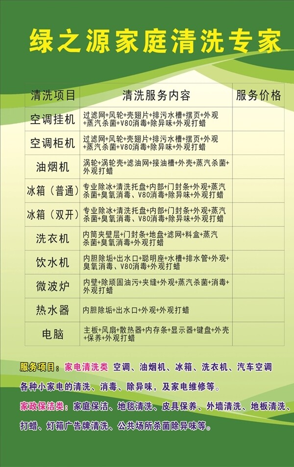 价格表