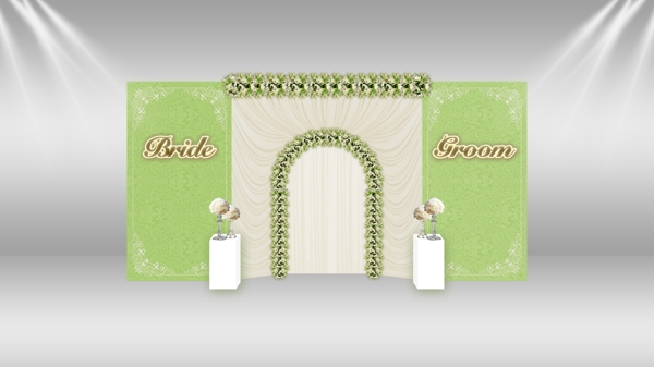 白绿色花拱门婚礼迎宾区效果图