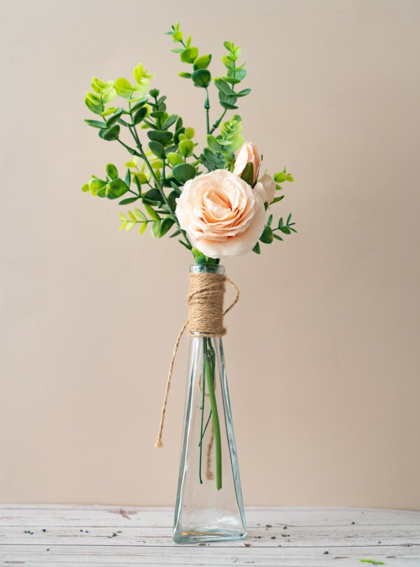 花瓶里的浅粉色玫瑰拍摄特写图片