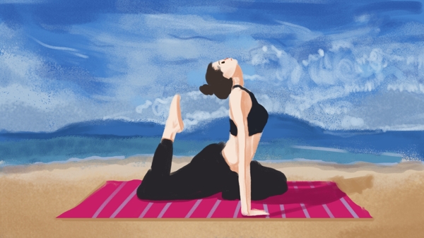 海边旅行女生瑜伽插画
