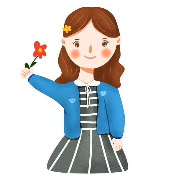 彩绘可爱拿着一朵小花的女孩可商用元素