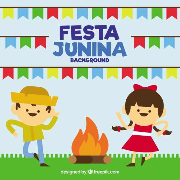 Festajunina的背景与夫妇跳舞围绕篝火