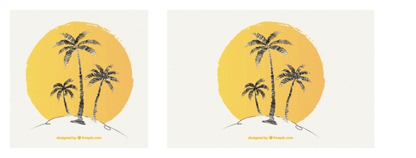 手绘棕榈树和太阳的背景