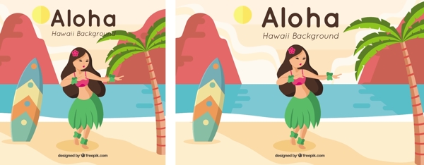 漂亮的背景与夏威夷女孩和冲浪板