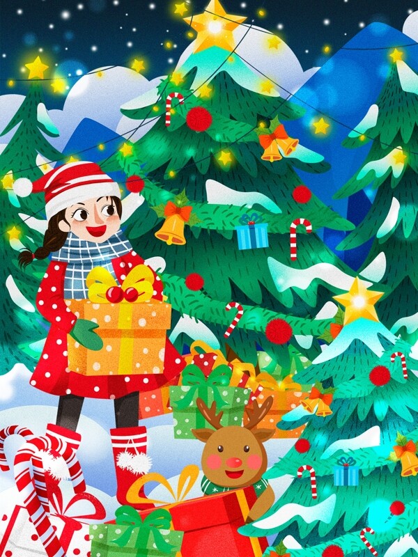 圣诞节圣诞树抱礼物女孩麋鹿礼物盒插画