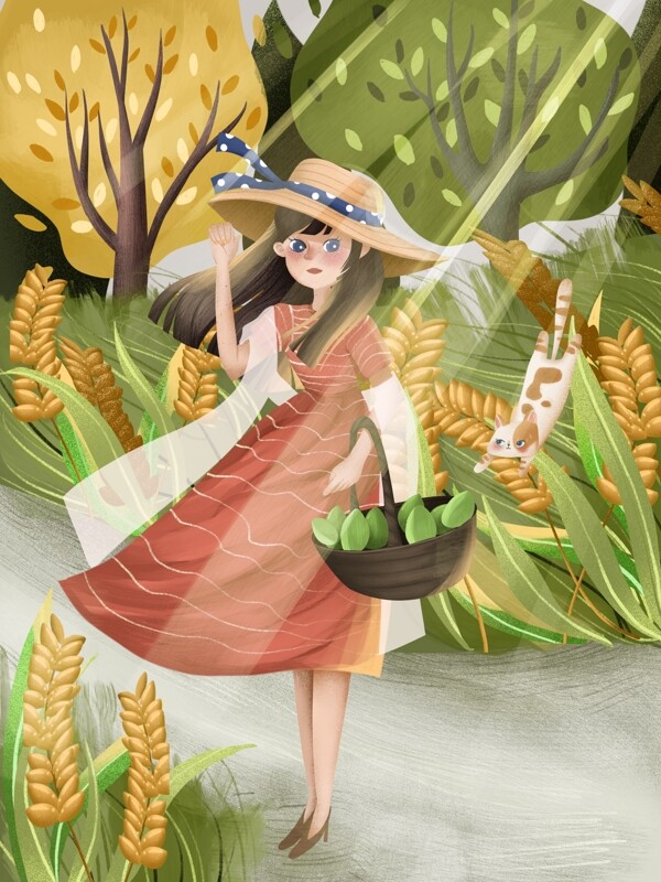 芒种女孩在稻田旁吃青梅