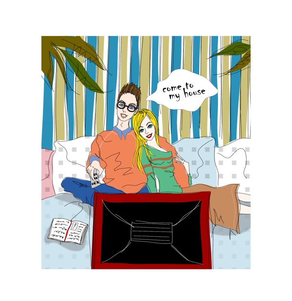 卡通情侣家庭看电视场景