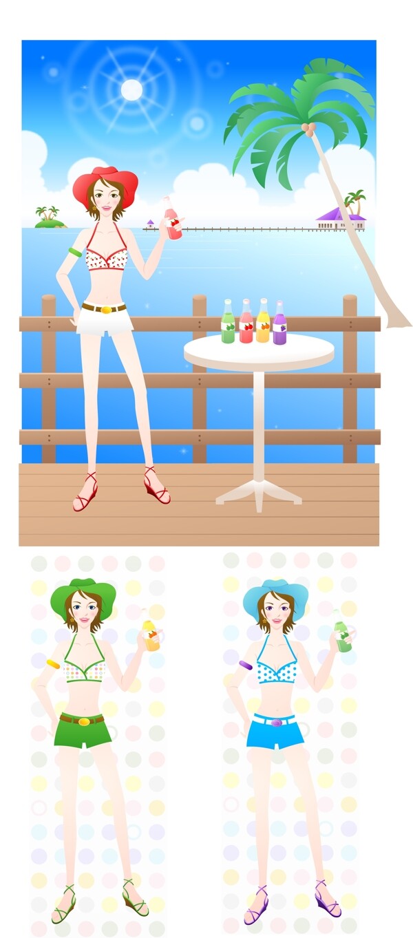 同款美女三色泳衣海边卡通矢量图