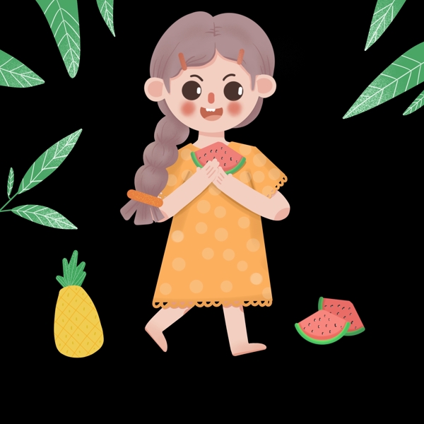 清新夏日吃西瓜的女孩png免抠图