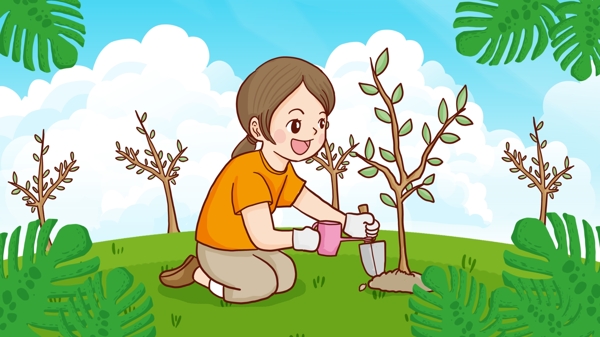 植树节可爱女孩子种树手绘原创插画