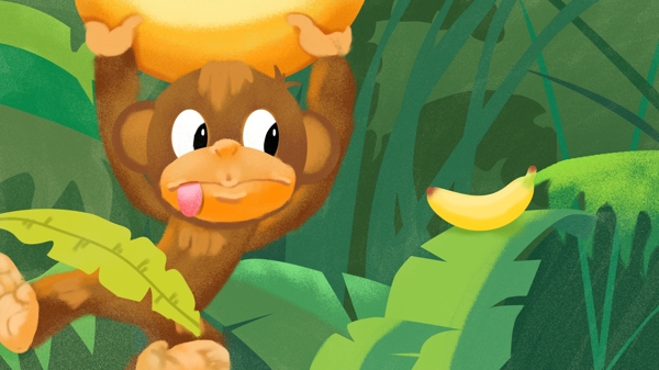 森林中萌系可爱猴子吃香蕉