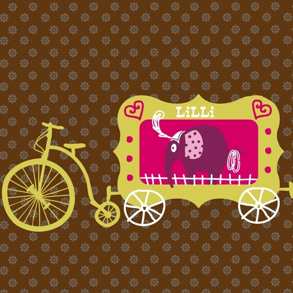 印花矢量图可爱卡通卡通动物马车自行车免费素材