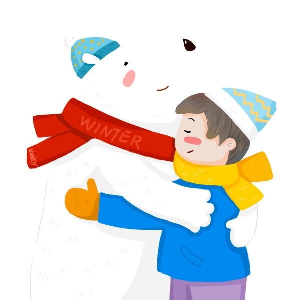 卡通小清新和北极熊拥抱的男孩可商用元素