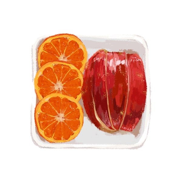 原创手绘元素橙子苹果切片水果拼盘