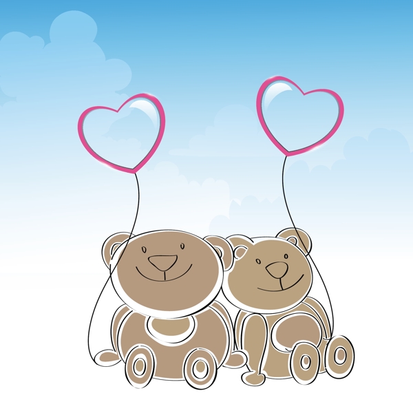 快乐友谊日背景与可爱的泰迪熊抱着心形气球在蓝色的背景