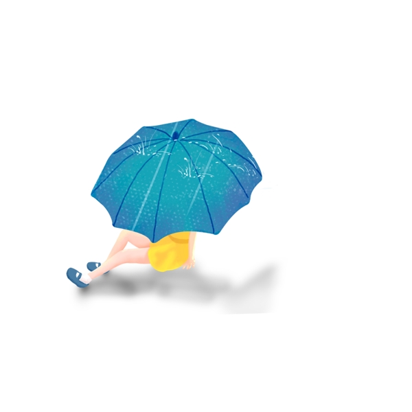 清新手绘撑着蓝色雨伞的少女