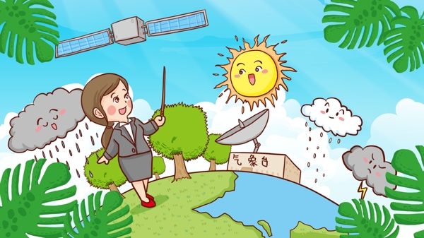 世界气象日女气象员预报天气手绘原创插画