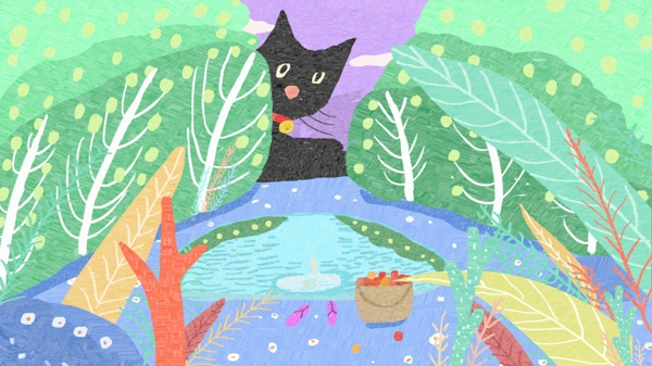 彩绘树林中的猫咪背景素材