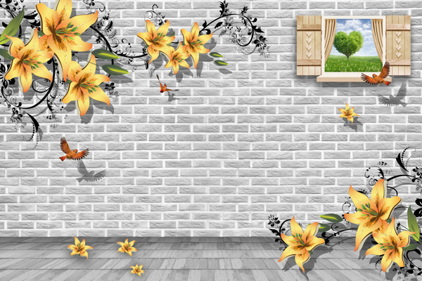 3D立体空间小鸟砖墙黄花背景墙