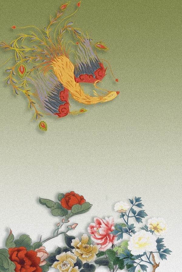 复古中国风工笔彩色凤凰百花海报背景