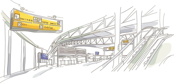 手绘城市高铁站内景观图片