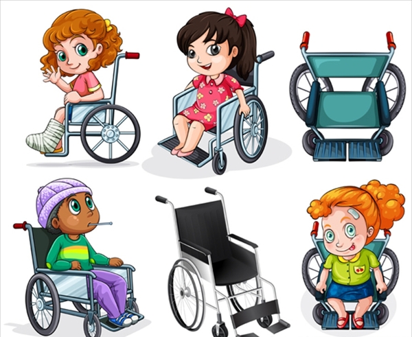 卡通儿童节坐轮椅的孩子