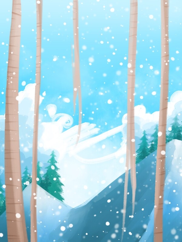蓝色唯美冬至节气树林雪景背景