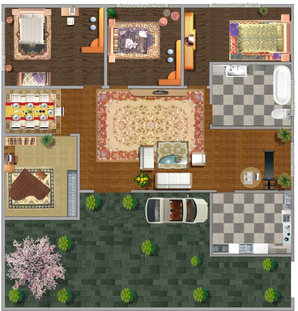 室内平面图以及家具瓷砖小车