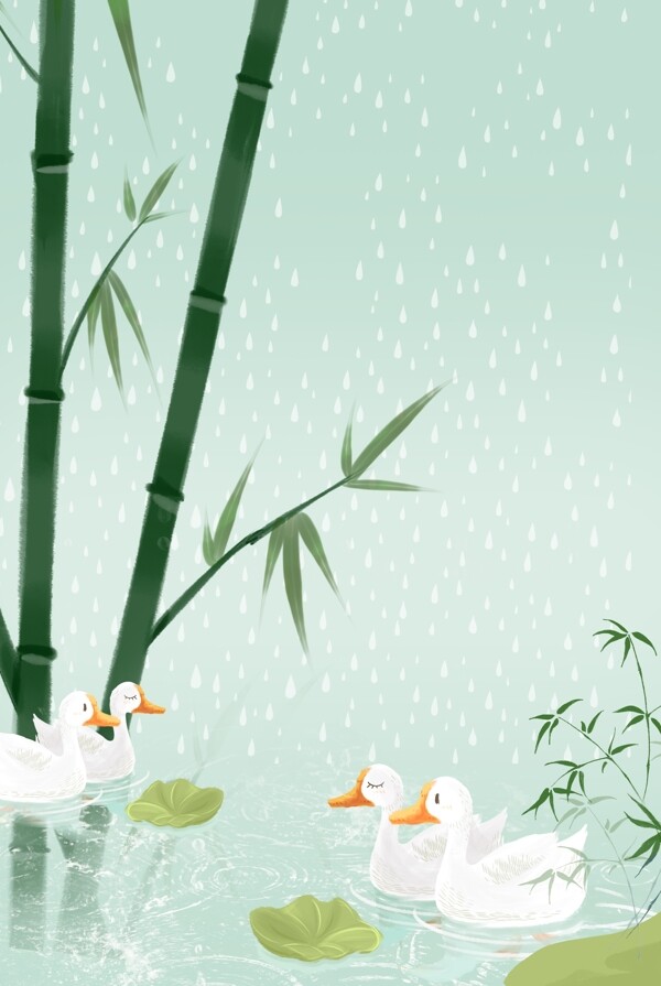 春天鸭子游泳雨水节气背景