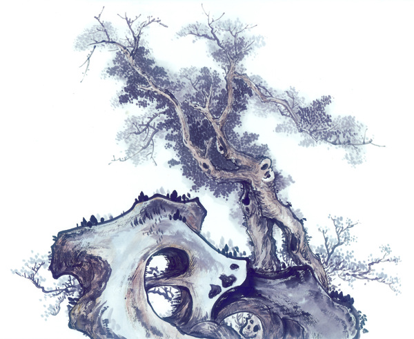 水墨山石树木图片